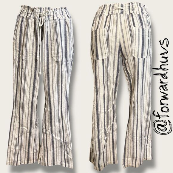 Roxy Oceanside Flared Linen White & Blue Stripe Pants Size XL - MEASUREMENTS - Picture 1 of 13